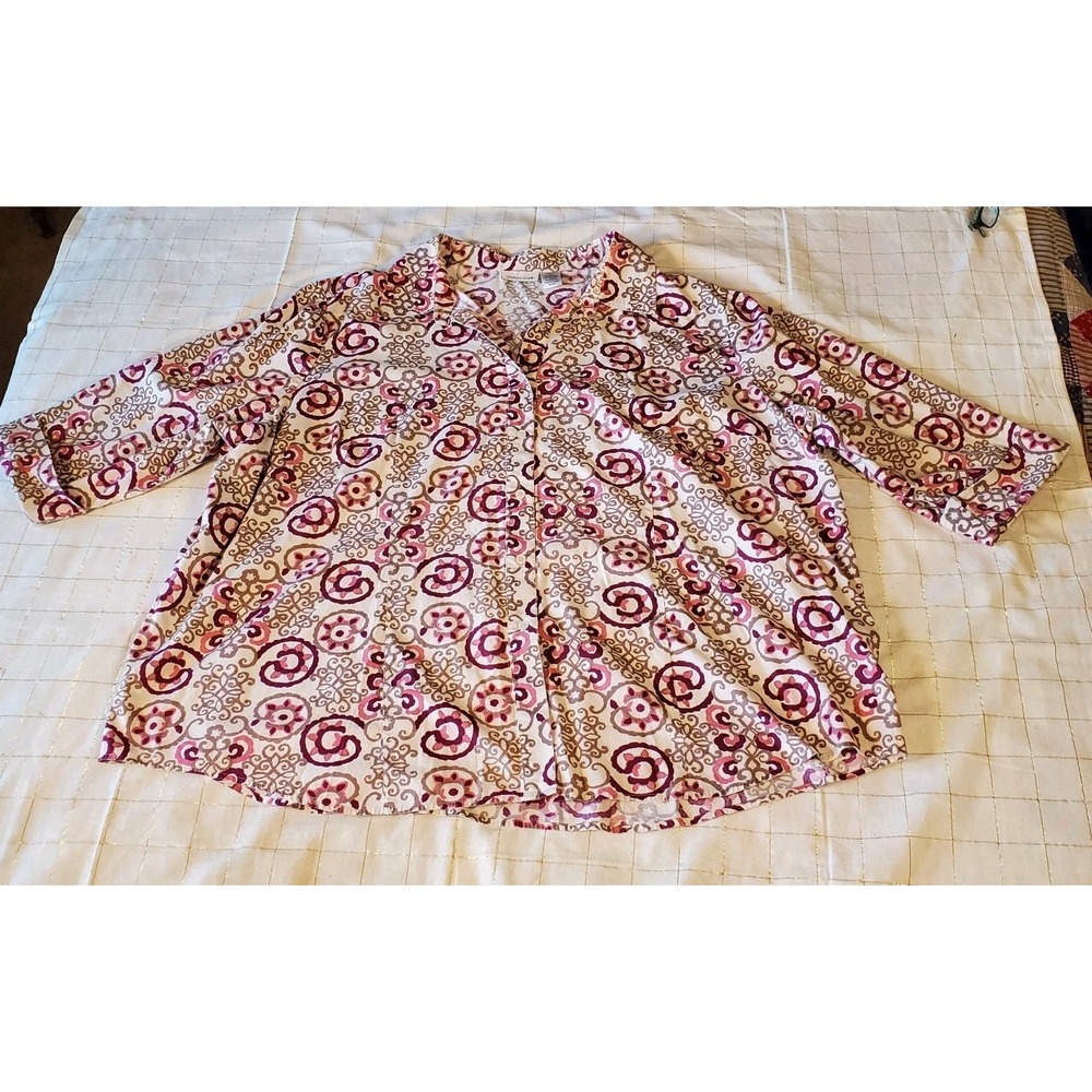 Chelsea Studio 3XL Top Lightweight Cotton Button-Down‎ 3/4 Sleeve Beige Pink